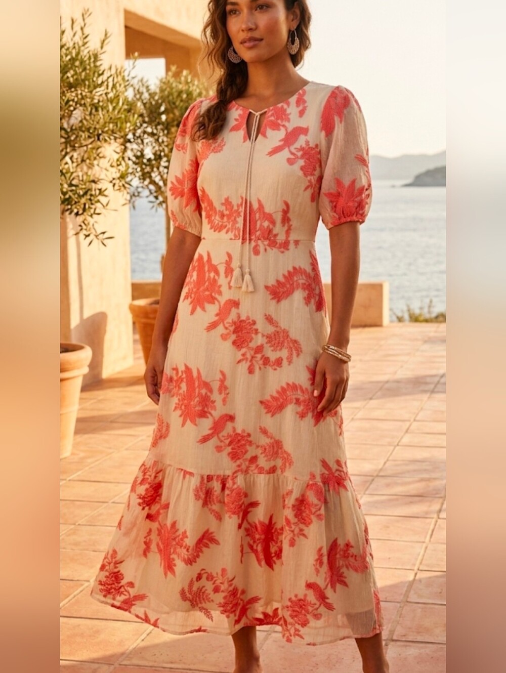 Cream Maxi Dress with Coral Floral Print and Puff Sleeves